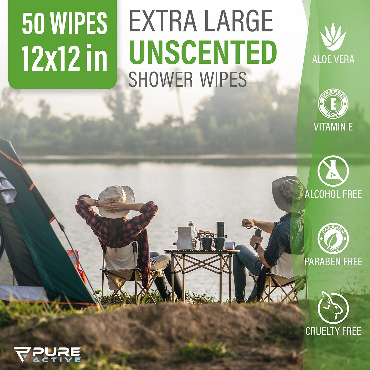 Body Wipes for Camping 50 XXL Camping Wipes 12''x 12'', Shower Body Wipes for Camping, Body and Face Wipes, Biodegradable Personal Hygiene Body Cleansing Wipes for Women Men Kids Elderly Travel