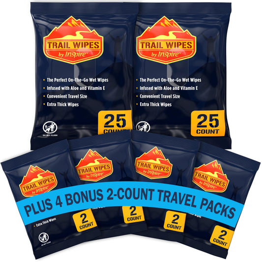 Inspire Trail Wipes | Camping Wipes Body Wipes Adults | Biodegradable Wipes For Camping, Travel, Gym With Aloe And Vitamin E | No Rinse Bathing Shower Wipes Women Or Men (50 Count (2 Packs Of 25))