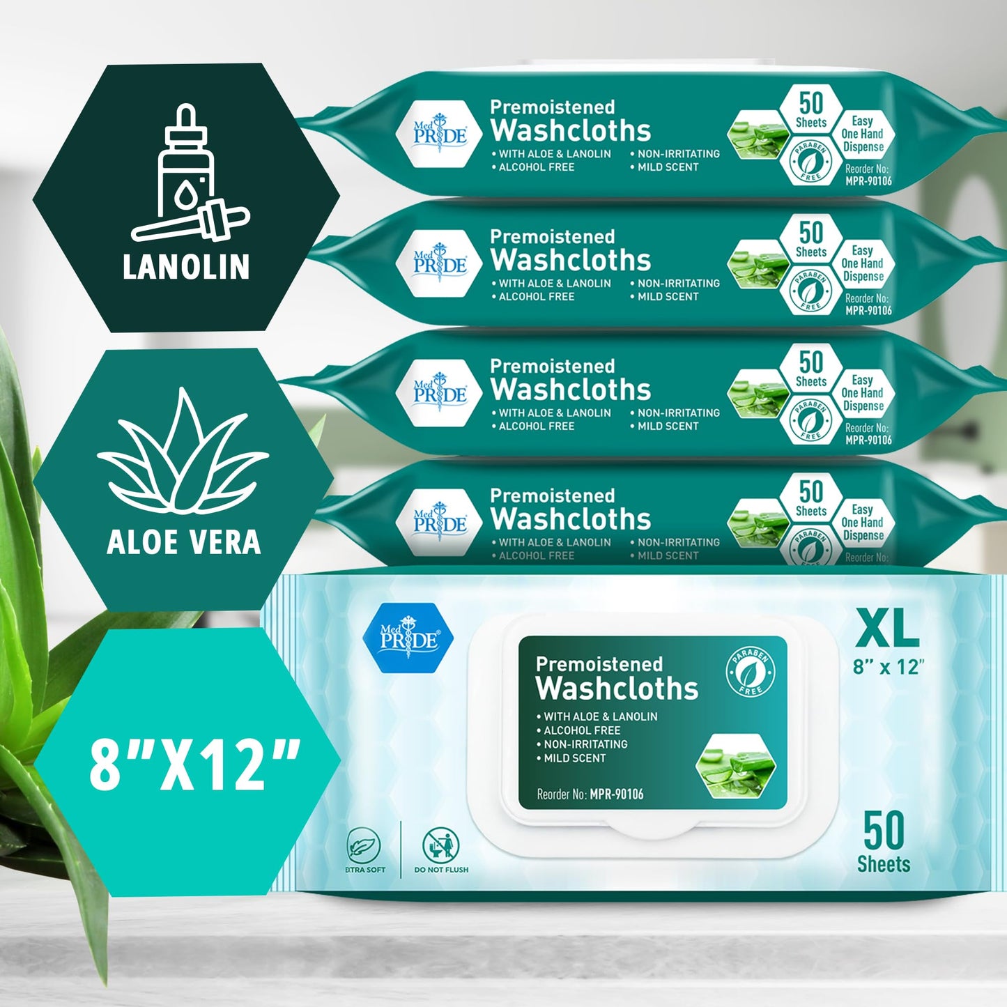 MED PRIDE Disposable XL Premoistened Washcloths 600-count, 8" x 12" for Adults| Silky Soft Wet Wipes W/Aloe & Lanolin Mild Scent| Ideal for Skincare/Personal Cleansing, Makeup Removing, Travel & More