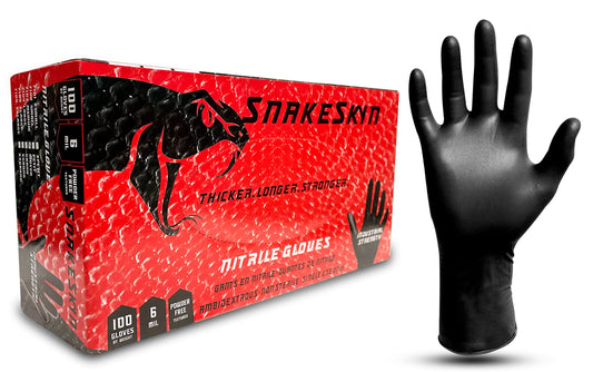 SNAKESKYN Black Nitrile Gloves 6-MIL THICK industrial grade 100/box Latex Free & Powder Free textured grip aka snakeskin - Small