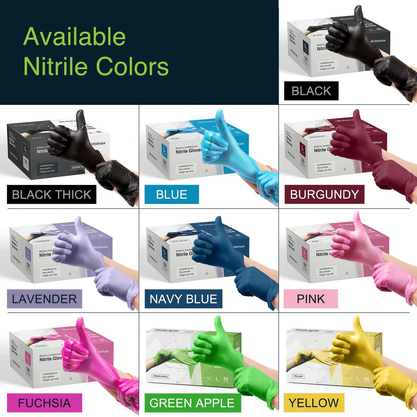 FifthPulse Green Nitrile Disposable Gloves - 50 Count - 3 Mil Nitrile Gloves Large - Powder and Latex Free Rubber Gloves - Surgical Medical Exam Gloves - Food Safe Cooking Gloves