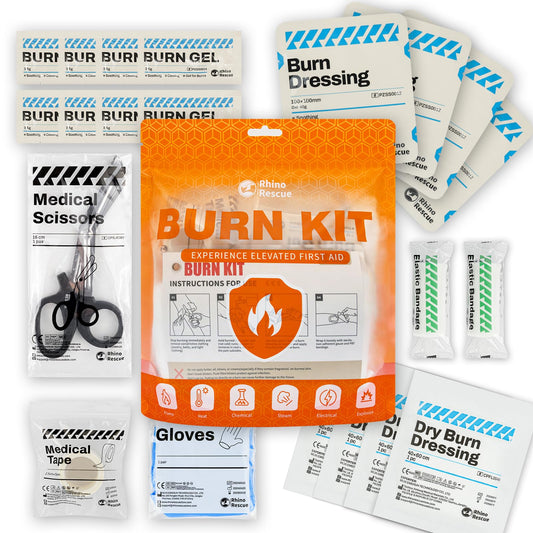 RHINO RESCUE Burn Kit, 4pcs Burn Dressings 4x4”, 8pcs Burn Gel Packets 3.5g, 4pcs Burn Pads, First Aid Kit Cooling Soothing Cream Relief with Bandage, Nitrile Gloves, Scissors, Tape, HSA/FSA Eligible