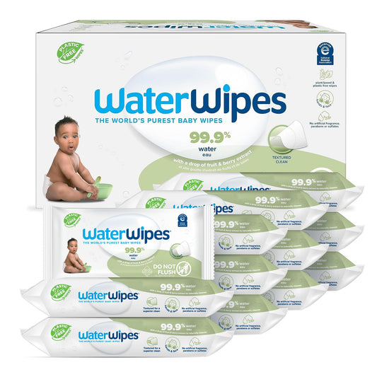 WaterWipes Plastic-Free Textured Clean, Toddler & Baby Wipes, 99.9% Water Based Wipes, Unscented & Hypoallergenic for Sensitive Skin, 60 Count (12 packs), Packaging May Vary