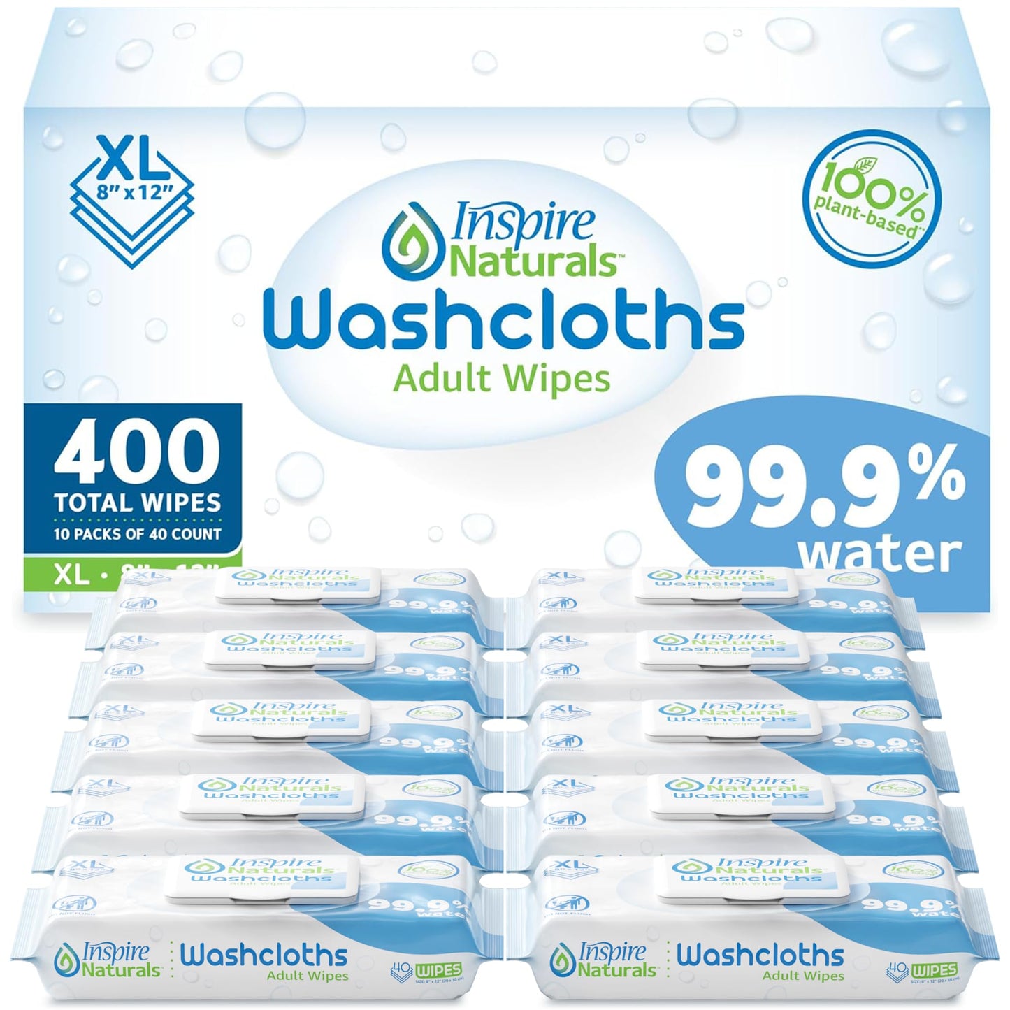 Inspire Naturals 99.9% Water Based Wet Wipes For Adults | Plastic Free Adult Wipes Extra Large Unscented | Disposable Washcloths For Adults Incontinence Body Wipes Elderly (99.9% Water 400 Ct)