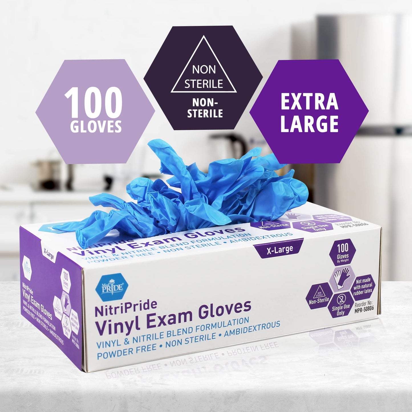 MED PRIDE NitriPride Nitrile-Vinyl Blend Exam Gloves, X-Large 100 - Powder Free, Latex Free & Rubber Free - Single Use Non-Sterile Protective Gloves for Medical Use, Cooking, Cleaning & More