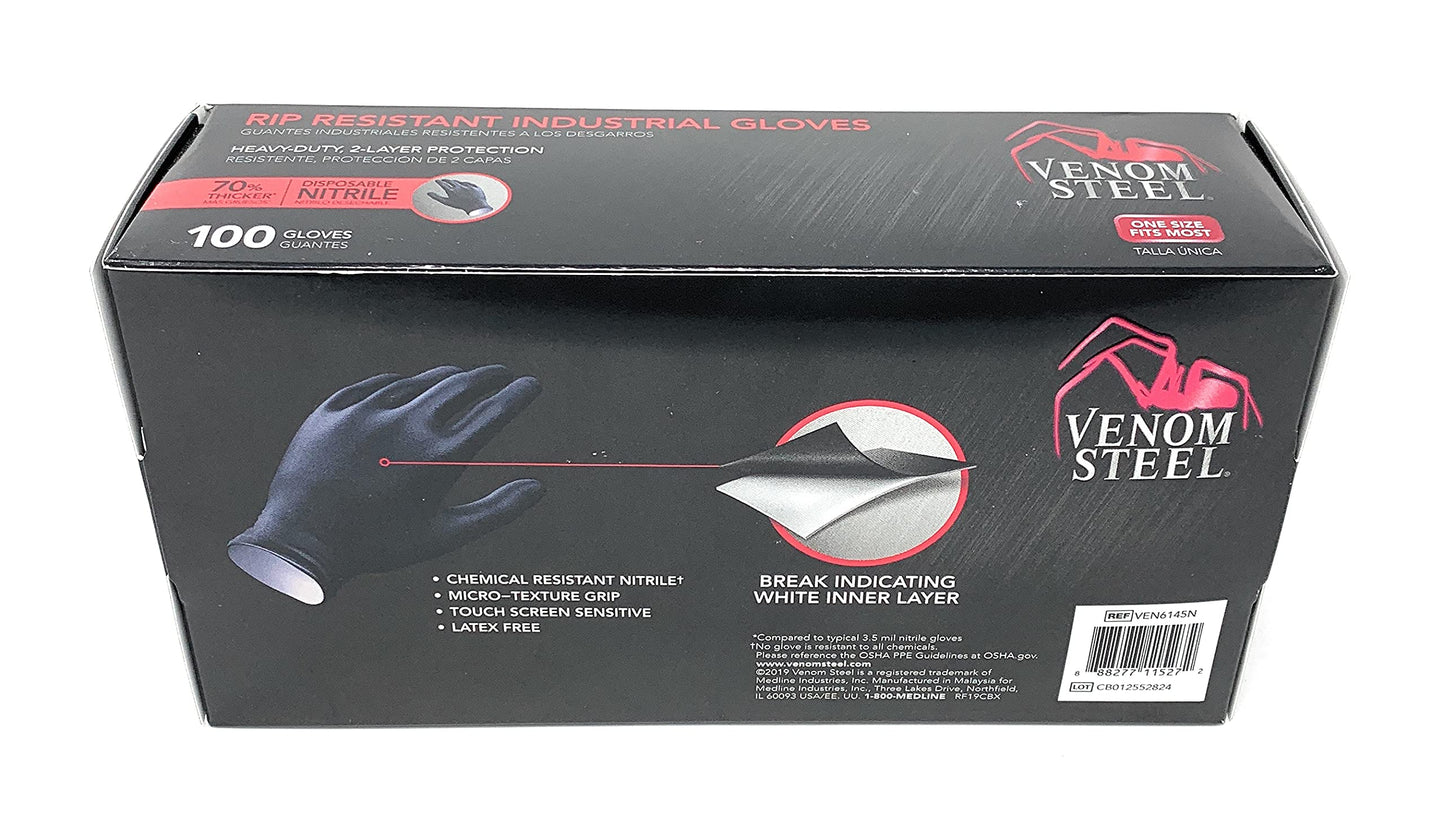 Venom Steel Industrial Nitrile Gloves, 6 mil, 2 Layer Rip Resistant, One Size Fits Most, 100 Count