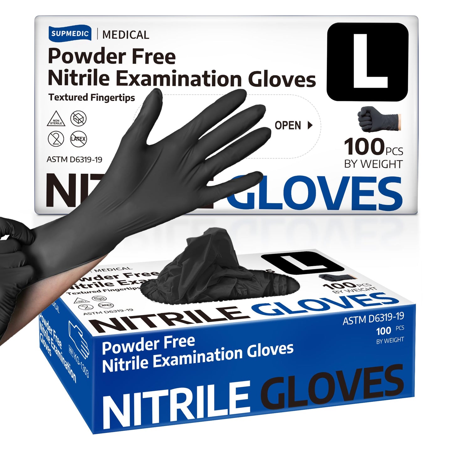 Supmedic Medical Nitrile Exam Gloves, Black 3.5 mil Powder-Free Latex-Free Food Safe Cleaning Disposable Glove, 100 Pcs (Large)