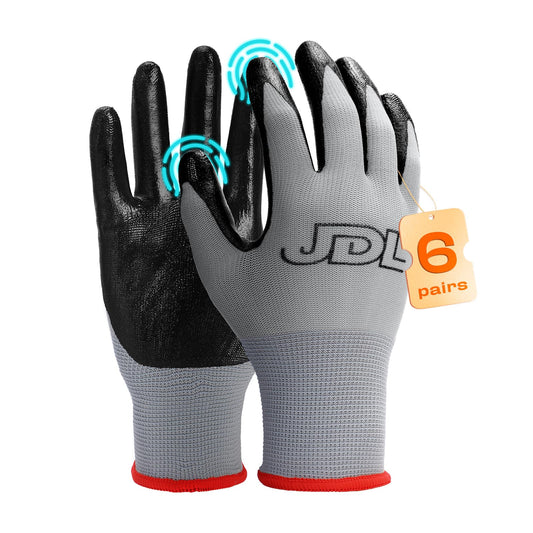 JDL Large Grey Nitrile Gloves, Pack of 6, Touch Screen Friendly, Oil Resistant, Comfortable, Machine Washable