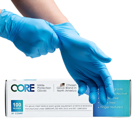 CoreGloves Nitrile Disposable Exam Gloves 4-6 Mil, Powder Free, No Allergy, Latex Free, Ambidextrous,Examination,Nursing, Chemo, laboratory - Regular Cuff XL (Pack of 100)