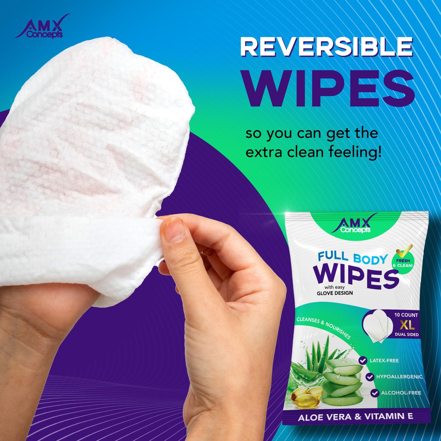 AMX Body Wipes - (10 Count) No Rinse Bathing Wipes for Elderly, Post Surgery, Bedridden, and Disabled Adults – XL Shower Wipes for Sponge Baths – Convenient, Disposable Glove Design, Used in Hospitals