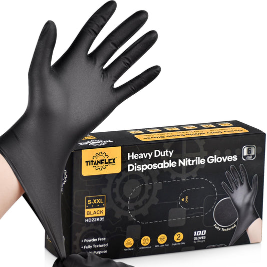 TitanFlex Heavy-Duty Black Disposable Nitrile Gloves, Box of 100, 6-mil, Fully Textured, Powder-Free, Latex-Free, Non-Sterile