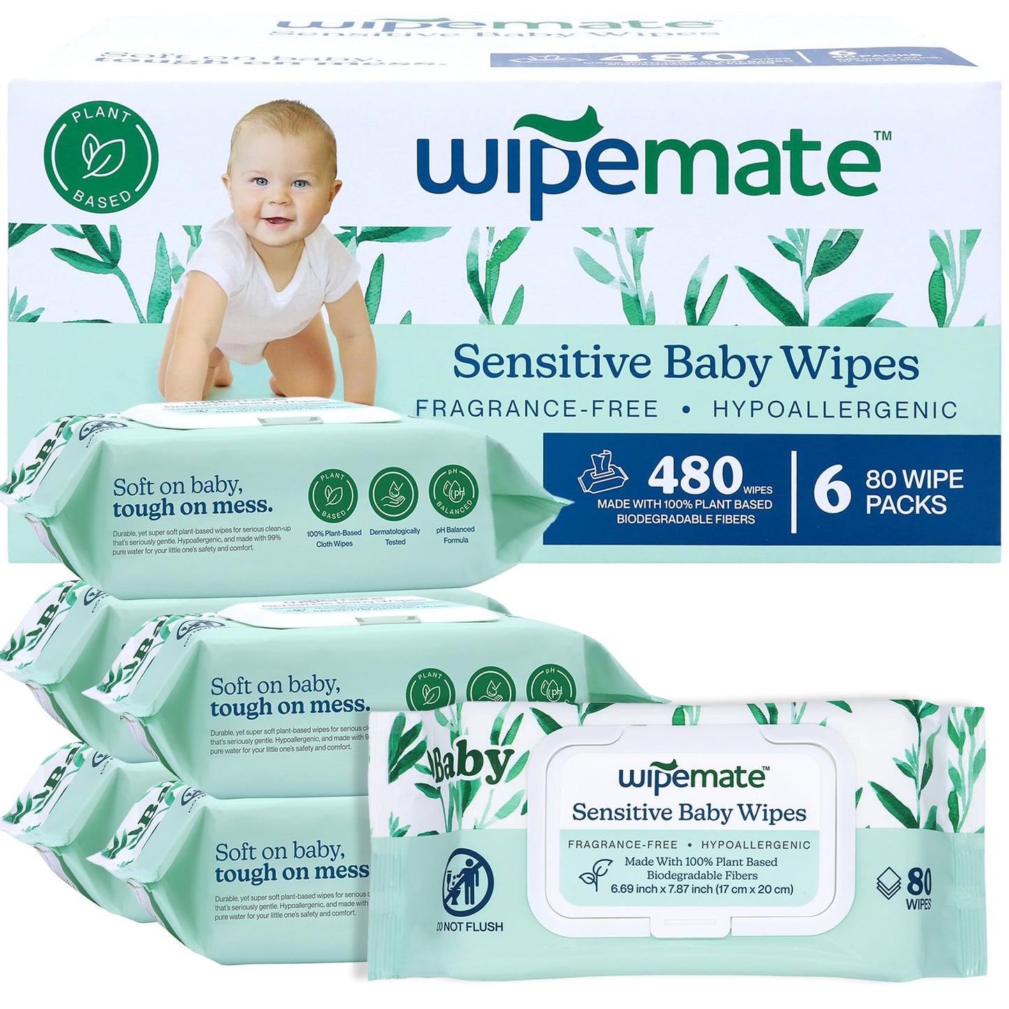 Wipemate Hypoallergenic Plastic-Free 99% Water Baby Wipes, Ultra-Soft Plant-Based Wipe, Alcohol-Free, pH-Balanced, Eco-Friendly Cruelty-Free Wipes with Premium Moisture-Sealed Flip-Top (480-Count)