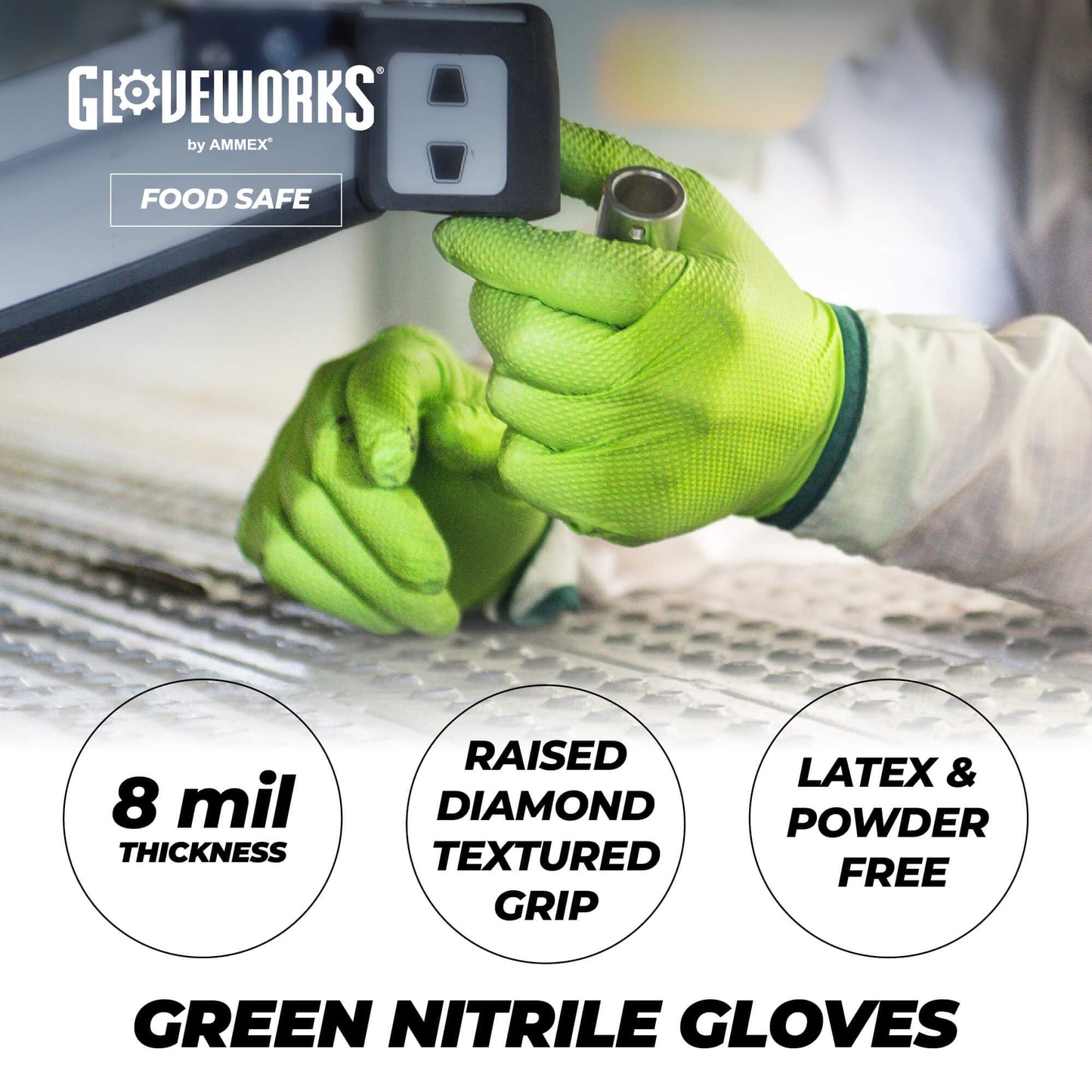 GLOVEWORKS HD Green Nitrile Gloves, 8 mil Nitrile Disposable Gloves with Raised Diamond Grip, 2 Boxes of 100 XL Gloves