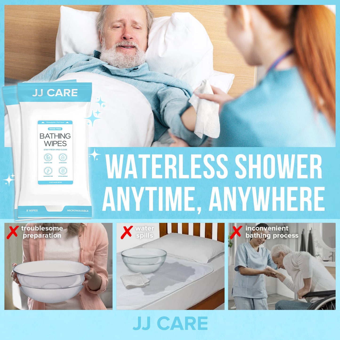 JJ CARE Bathing Wipes - 10 Packs Shower Wipes For Adults No Rinse, 80 Count Body Wipes for Adults Bathing, Waterless Body Wash, Adult Wipes for Elderly