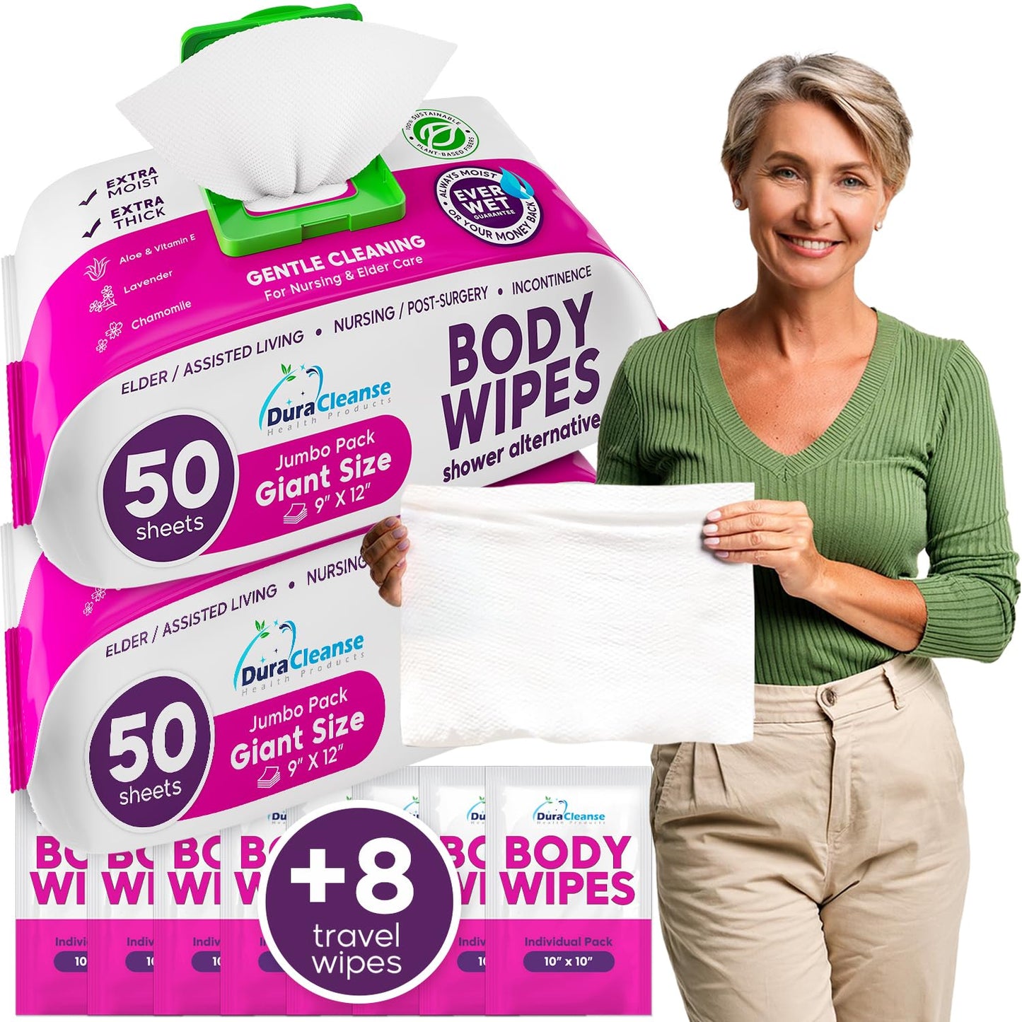 XL Bath Wipes for Adults Bathing No Rinse (2pk) - 100 Count + 8 Travel Wipes - 9"x12" Disposable Washcloths for Adults - Surgery Recovery Supplies, Elderly Incontinence & Health Care Products