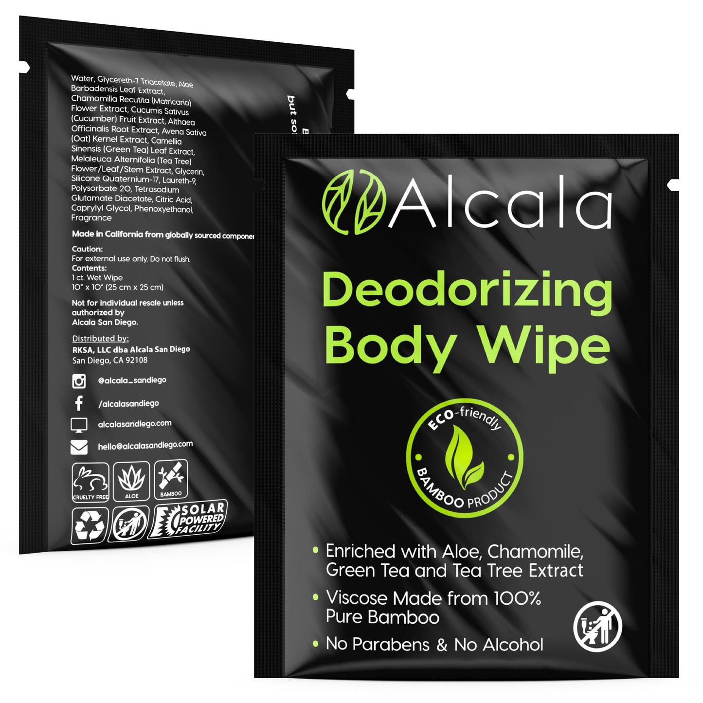 Alcala Deodorizing Body Wipes Individual Shower Wipes 100% Pure Biodegradable Bamboo Wet Wipes with Aloe Tea Tree Adult Body Wipes for Women & Men Ideal for Camping Hiking, Hospitals & Gym (30 Pack)