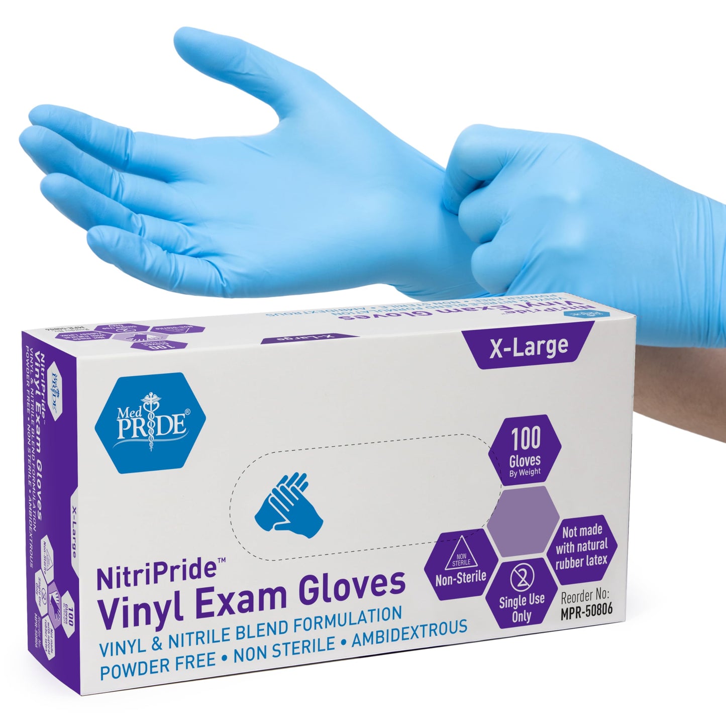 MED PRIDE NitriPride Nitrile-Vinyl Blend Exam Gloves, X-Large 100 - Powder Free, Latex Free & Rubber Free - Single Use Non-Sterile Protective Gloves for Medical Use, Cooking, Cleaning & More