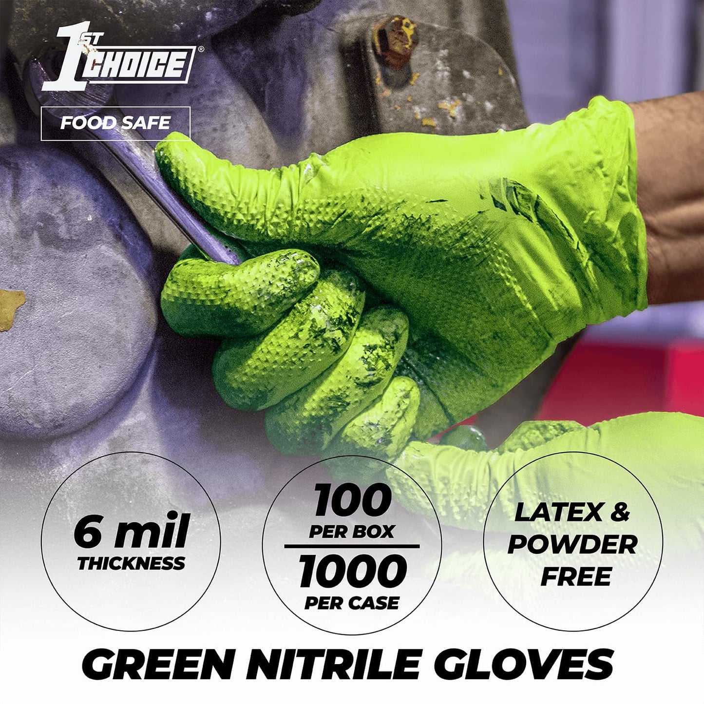 1st Choice 6 mil Mechanic Gloves, Nitrile Gloves Disposable Latex Free - XXL Box of 100 Green Nitrile Disposable Glove