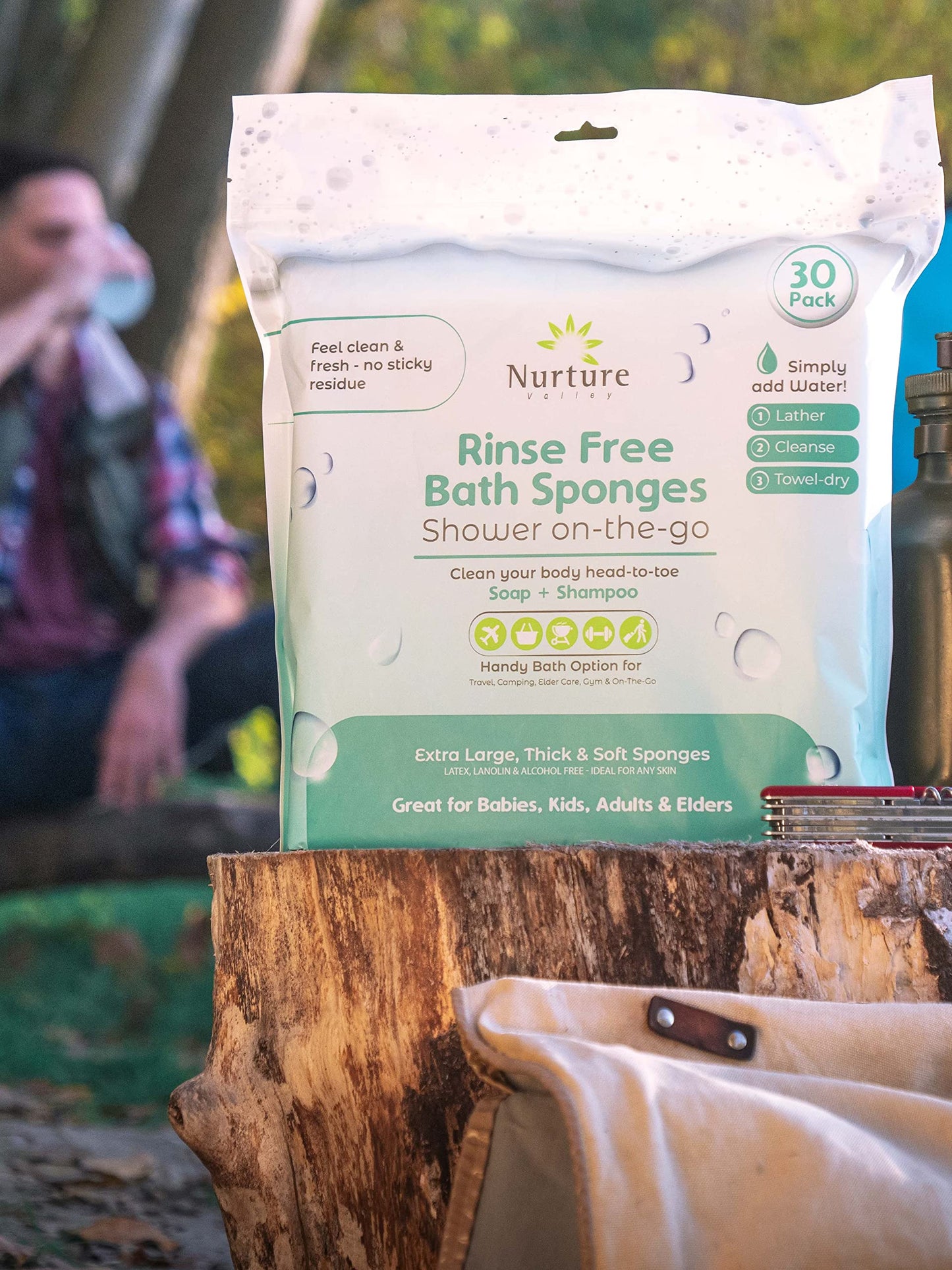 Nurture Valley Sponge Bath Wipes - Large Disposable Wash Cloths for Adults, Seniors, Bedridden, Home Care | Post Surgery Cleansing, Elderly or Disabled Patients | No Rinse Camping Travel Essentials