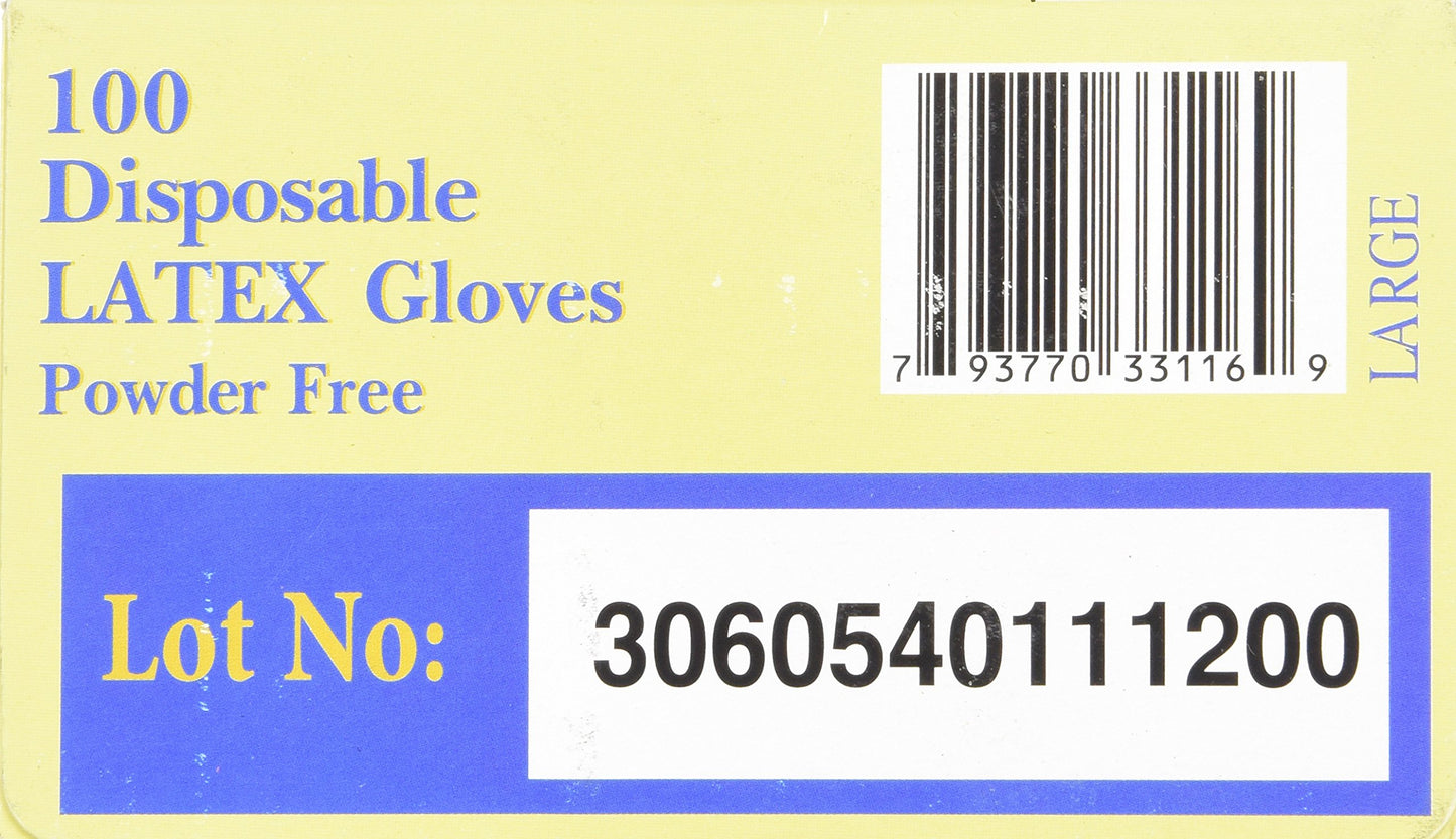 Disposable Latex Gloves, Powder Free Size Large, 100 gloves per box