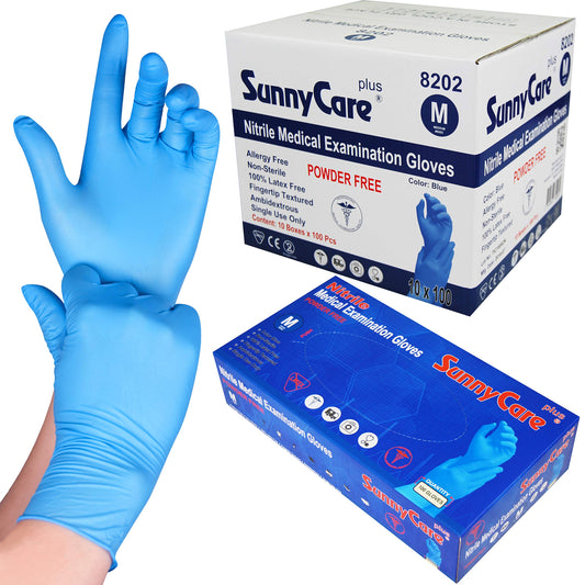 SunnyCare 1000 8202 Blue Nitrile Medical Exam Gloves Powder Free Chemo-Rated (Non Vinyl Latex) 100/box;10boxes/case Size: Medium