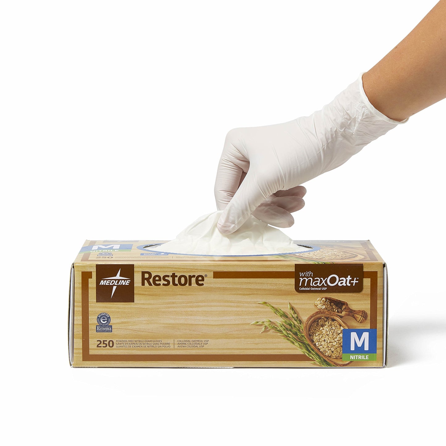 Medline Restore Nitrile Exam Gloves, 250 Count, Large, Powder Free, Disposable, Colloidal Oatmeal to Soothe Hands, Strong, Tear Resistant for Medical Tasks, Household Chores and More